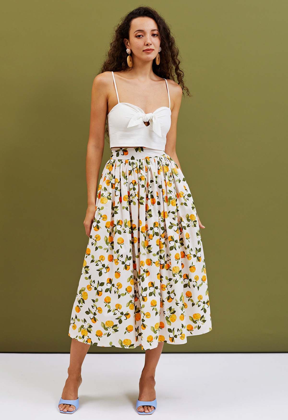 Women Citrus Bloom Ivory Lemon Floral Printed Maxi Skirt