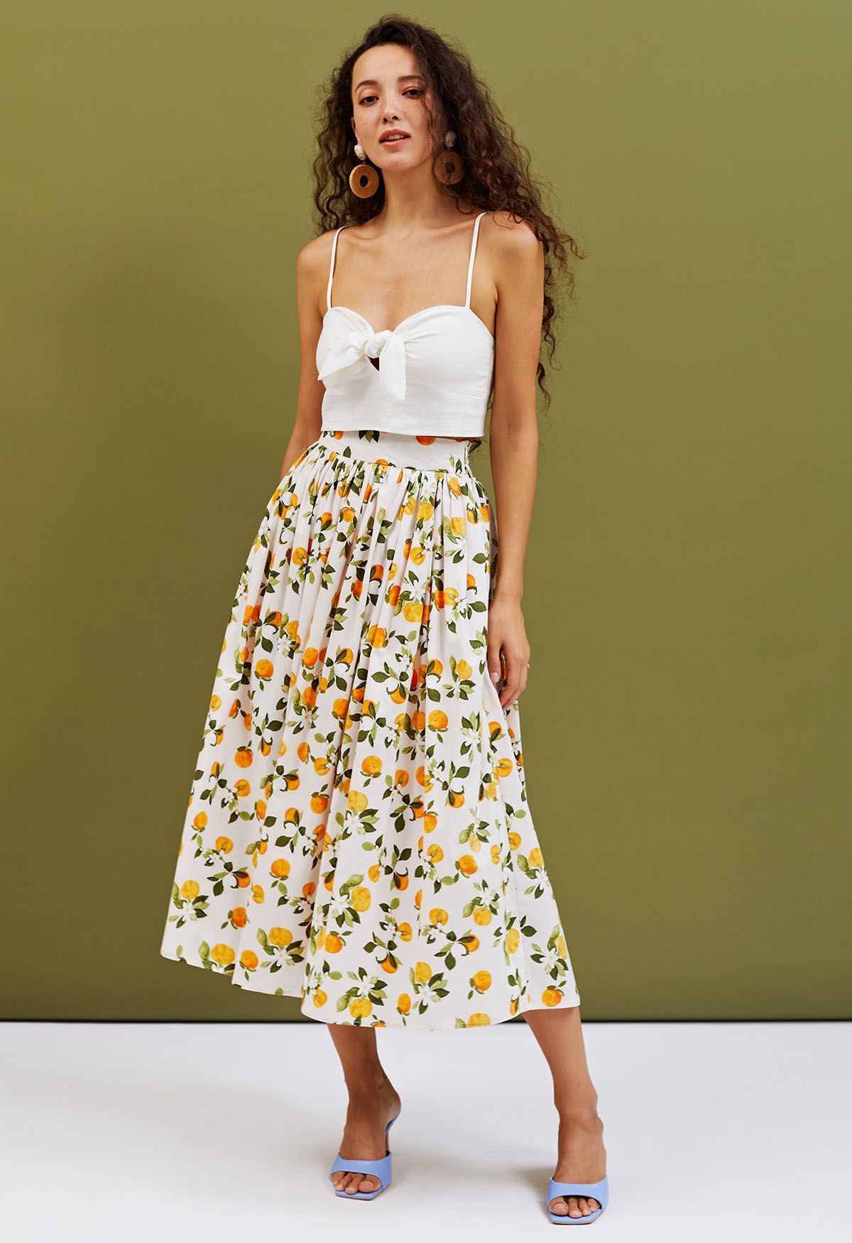 Women Citrus Bloom Ivory Lemon Floral Printed Maxi Skirt