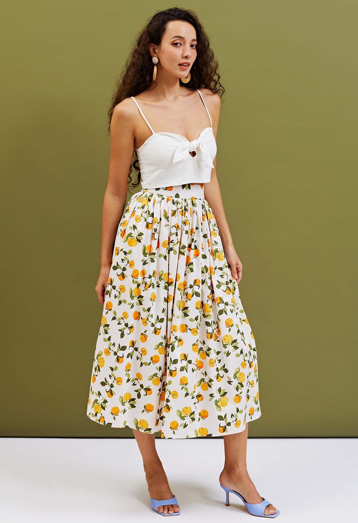 Women Citrus Bloom Ivory Lemon Floral Printed Maxi Skirt