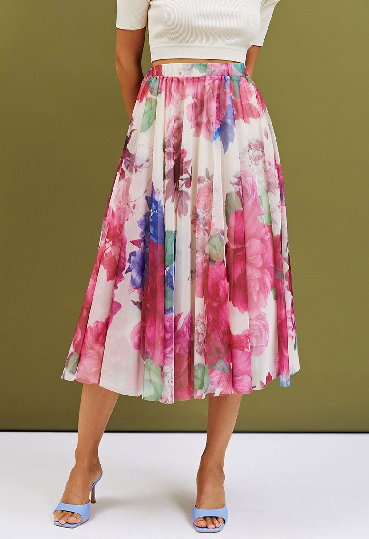 Luxury Women’s Multicolor Floral Print Mesh Midi Skirt with High Waist Elastic Band Soft Sheer Overlay and Elegant A Line Flow for Party Casual & Occasion Wear