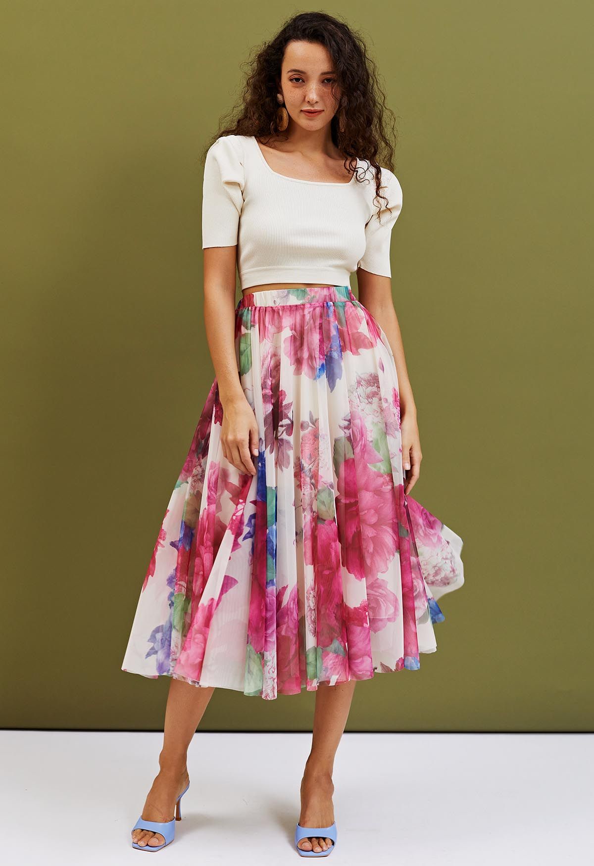 Luxury Women’s Multicolor Floral Print Mesh Midi Skirt with High Waist Elastic Band Soft Sheer Overlay and Elegant A Line Flow for Party Casual & Occasion Wear