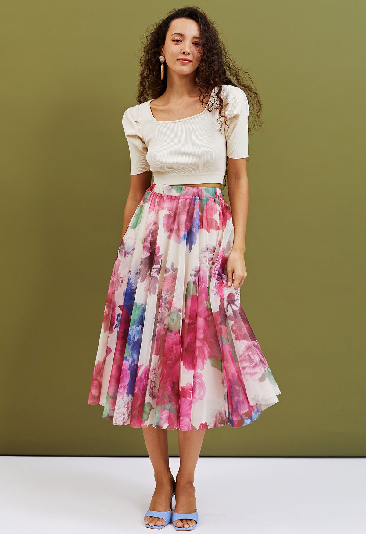 Luxury Women’s Multicolor Floral Print Mesh Midi Skirt with High Waist Elastic Band Soft Sheer Overlay and Elegant A Line Flow for Party Casual & Occasion Wear