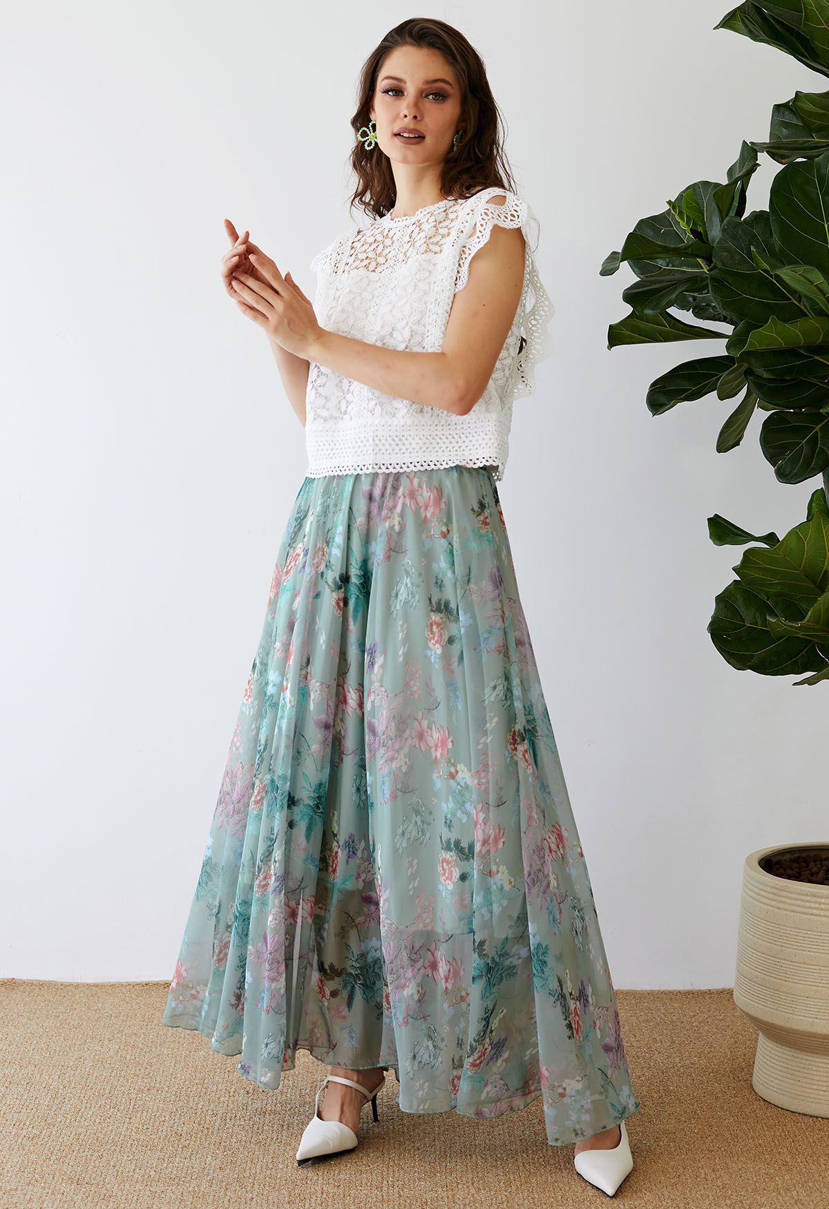 Women Sage Mist Floral Printed Maxi Skirt with Soft Pastel Shades Lightweight Flow and Comfortable Flared Silhouette
