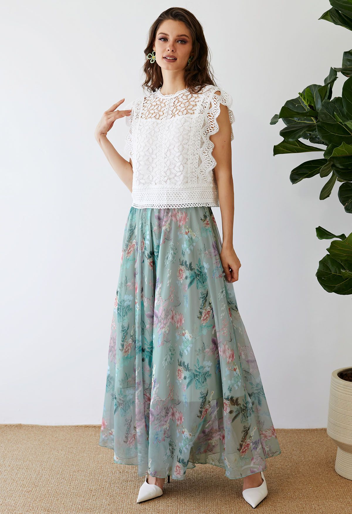 Women Sage Mist Floral Printed Maxi Skirt with Soft Pastel Shades Lightweight Flow and Comfortable Flared Silhouette
