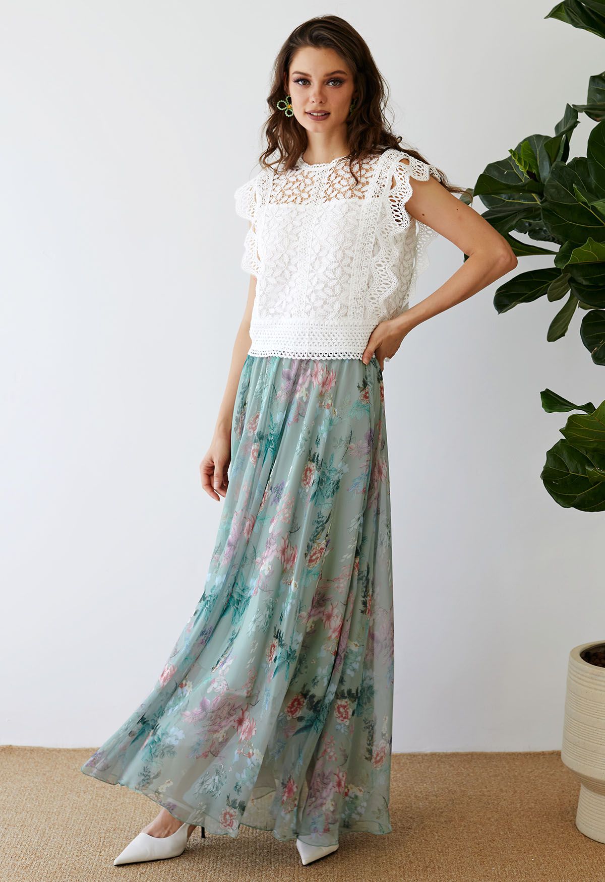 Women Sage Mist Floral Printed Maxi Skirt with Soft Pastel Shades Lightweight Flow and Comfortable Flared Silhouette