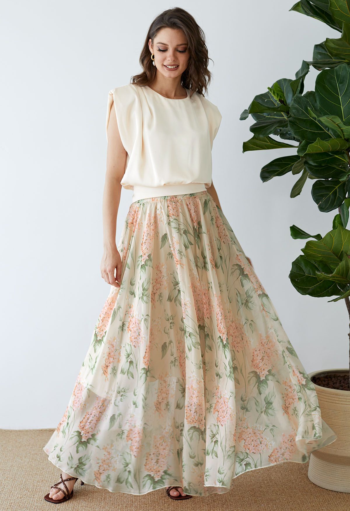 Bohemian High Waisted Flowy Chiffon Skirt  Vintage Lilac Print