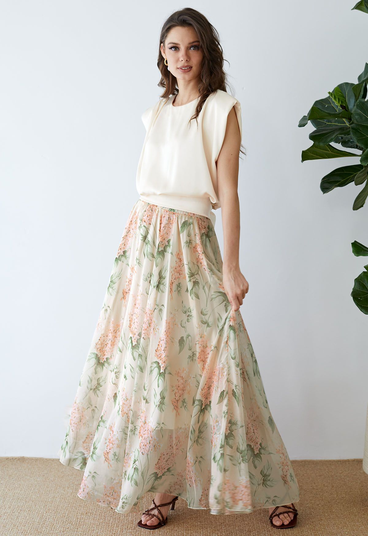 Bohemian High Waisted Flowy Chiffon Skirt  Vintage Lilac Print