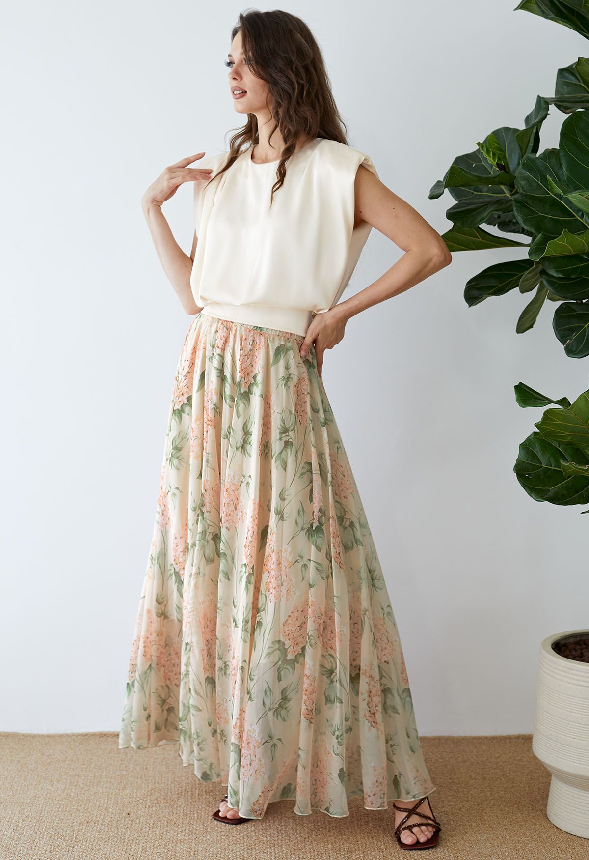 Bohemian High Waisted Flowy Chiffon Skirt  Vintage Lilac Print