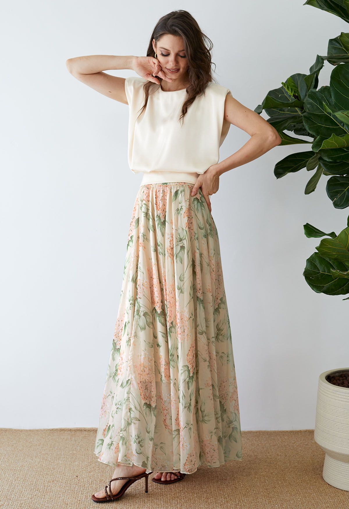 Bohemian High Waisted Flowy Chiffon Skirt  Vintage Lilac Print
