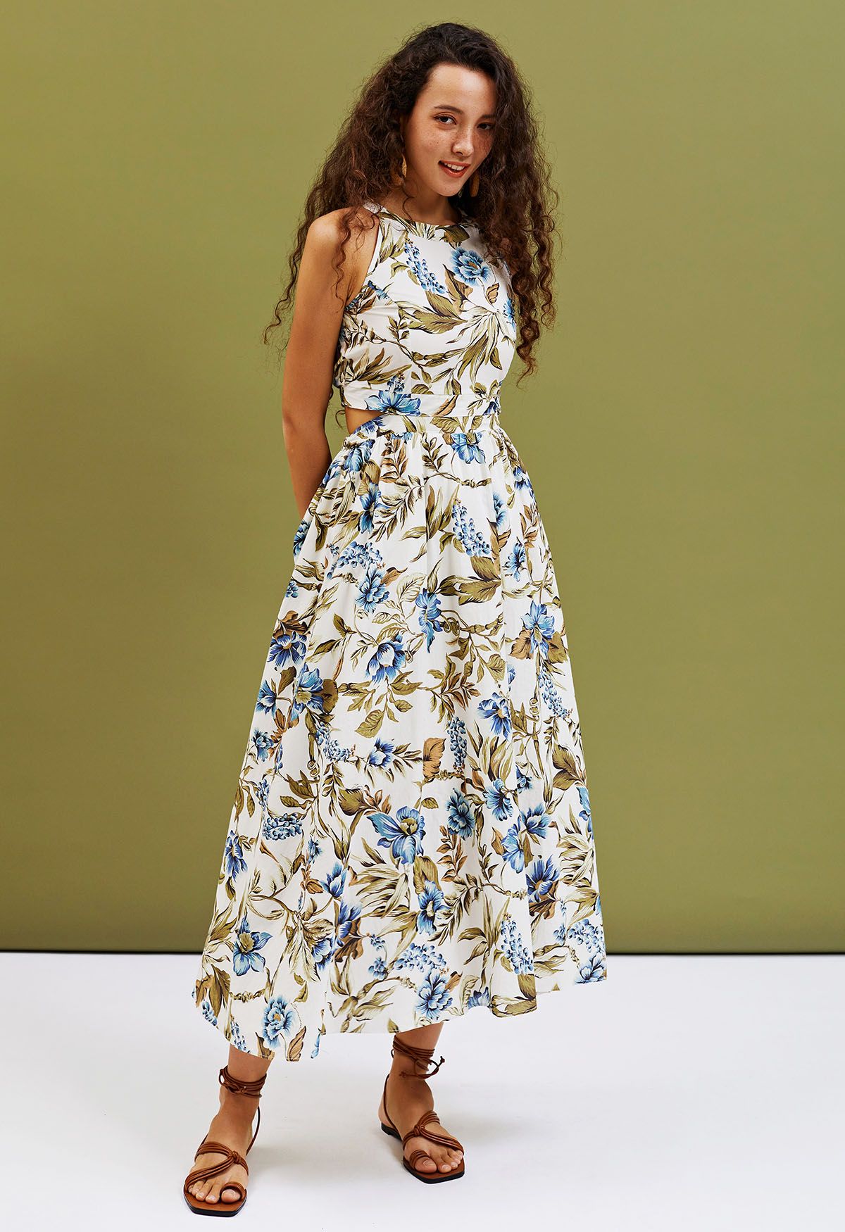 Ivory Blue Botanical Halter Neck Sleeveless Floral Dress for Elegant Day & Evening Wear