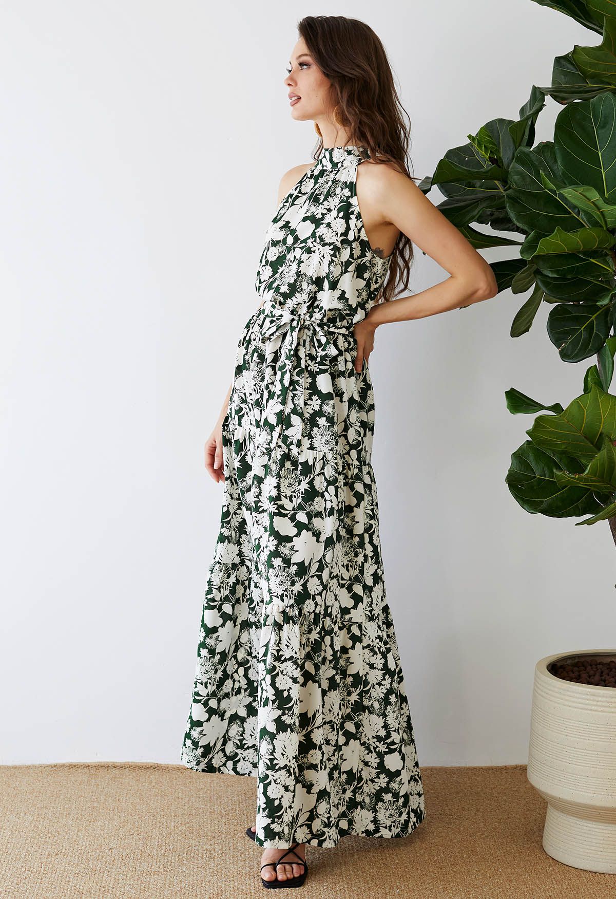 Emerald Bloom Floral Poly Chiffon Halter Neck Tiered Maxi Dress with Elasticated Waist & Flowing Silhouette  Lightweight Summer Resort Wear Dress