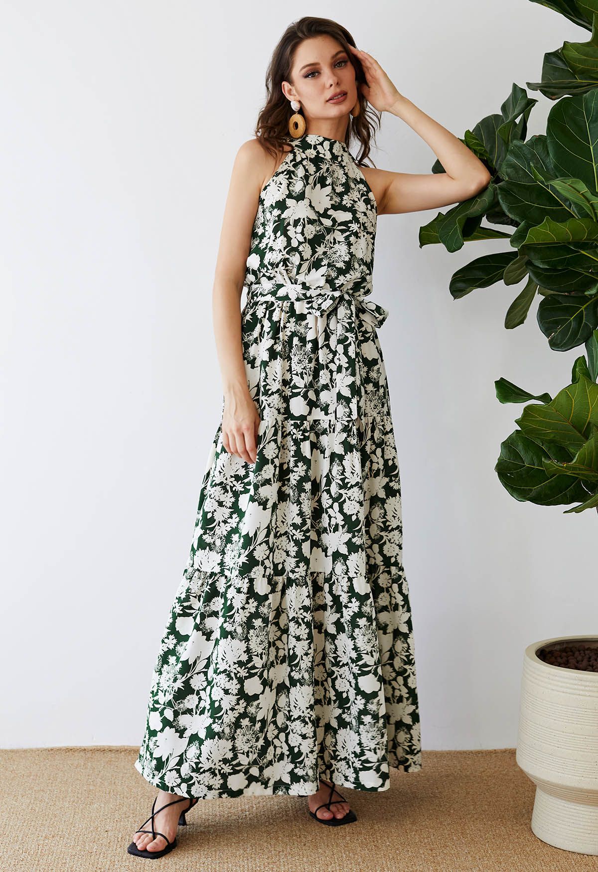 Emerald Bloom Floral Poly Chiffon Halter Neck Tiered Maxi Dress with Elasticated Waist & Flowing Silhouette  Lightweight Summer Resort Wear Dress