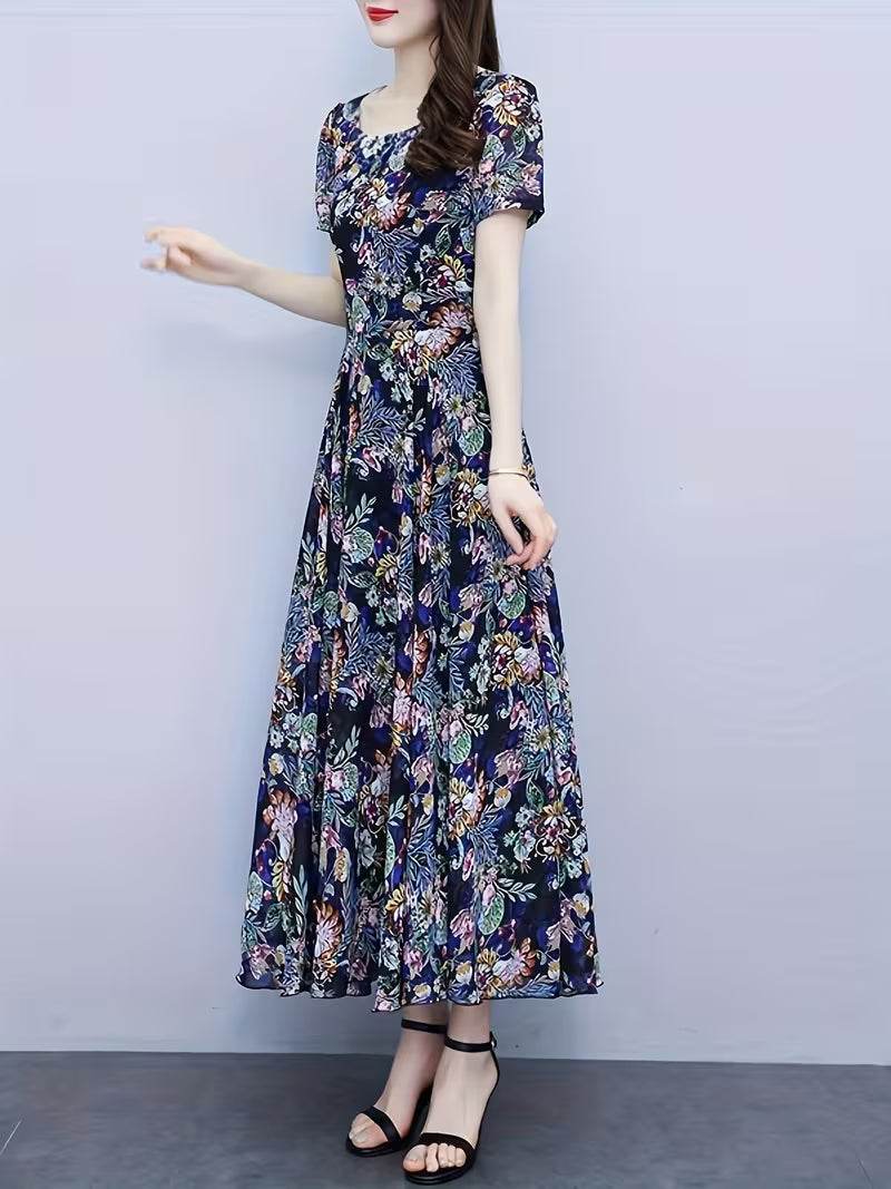 Elegant Navy Blue Botanical Floral  Dress - Fit and Flare