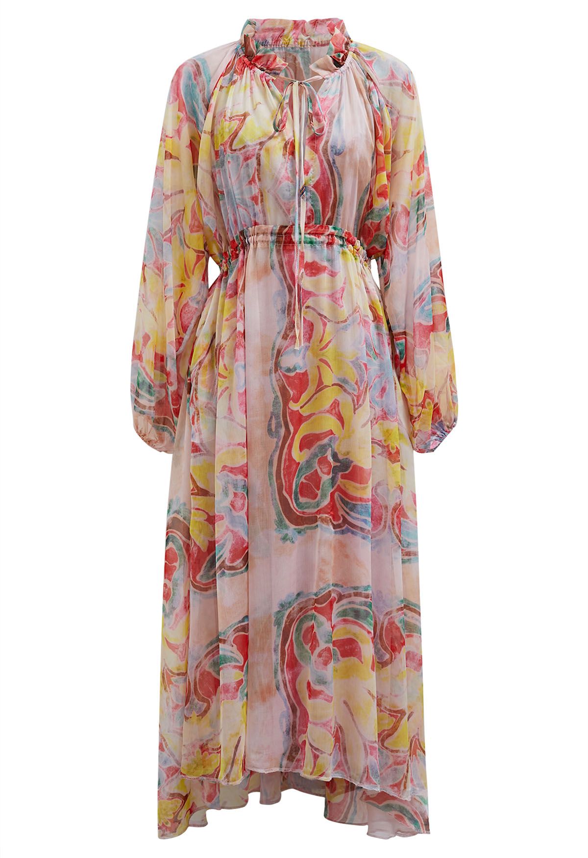 Pastel Multicolor Abstract Printed Chiffon Midi Dress with Tie Up Neckline Elasticated Waist & Full Sleeves Elegant Flowy Dress