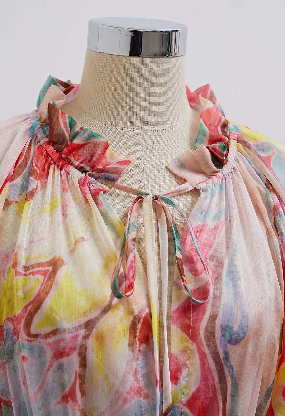 Pastel Multicolor Abstract Printed Chiffon Midi Dress with Tie Up Neckline Elasticated Waist & Full Sleeves Elegant Flowy Dress