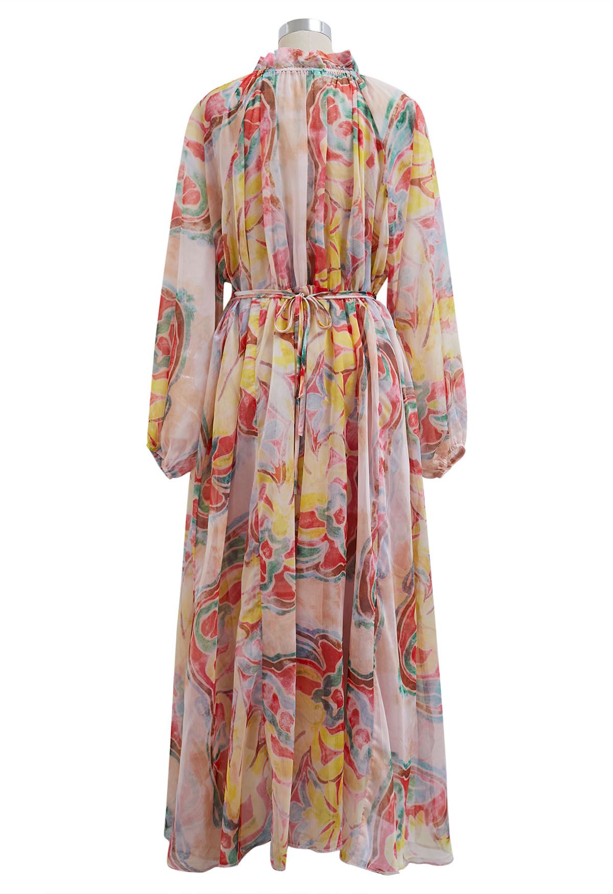 Pastel Multicolor Abstract Printed Chiffon Midi Dress with Tie Up Neckline Elasticated Waist & Full Sleeves Elegant Flowy Dress