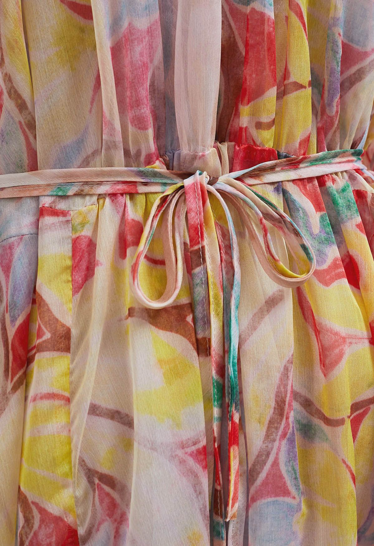 Pastel Multicolor Abstract Printed Chiffon Midi Dress with Tie Up Neckline Elasticated Waist & Full Sleeves Elegant Flowy Dress