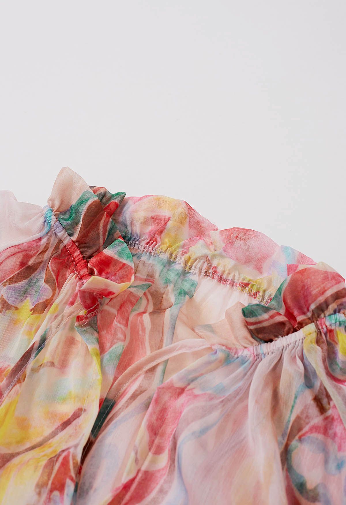 Pastel Multicolor Abstract Printed Chiffon Midi Dress with Tie Up Neckline Elasticated Waist & Full Sleeves Elegant Flowy Dress