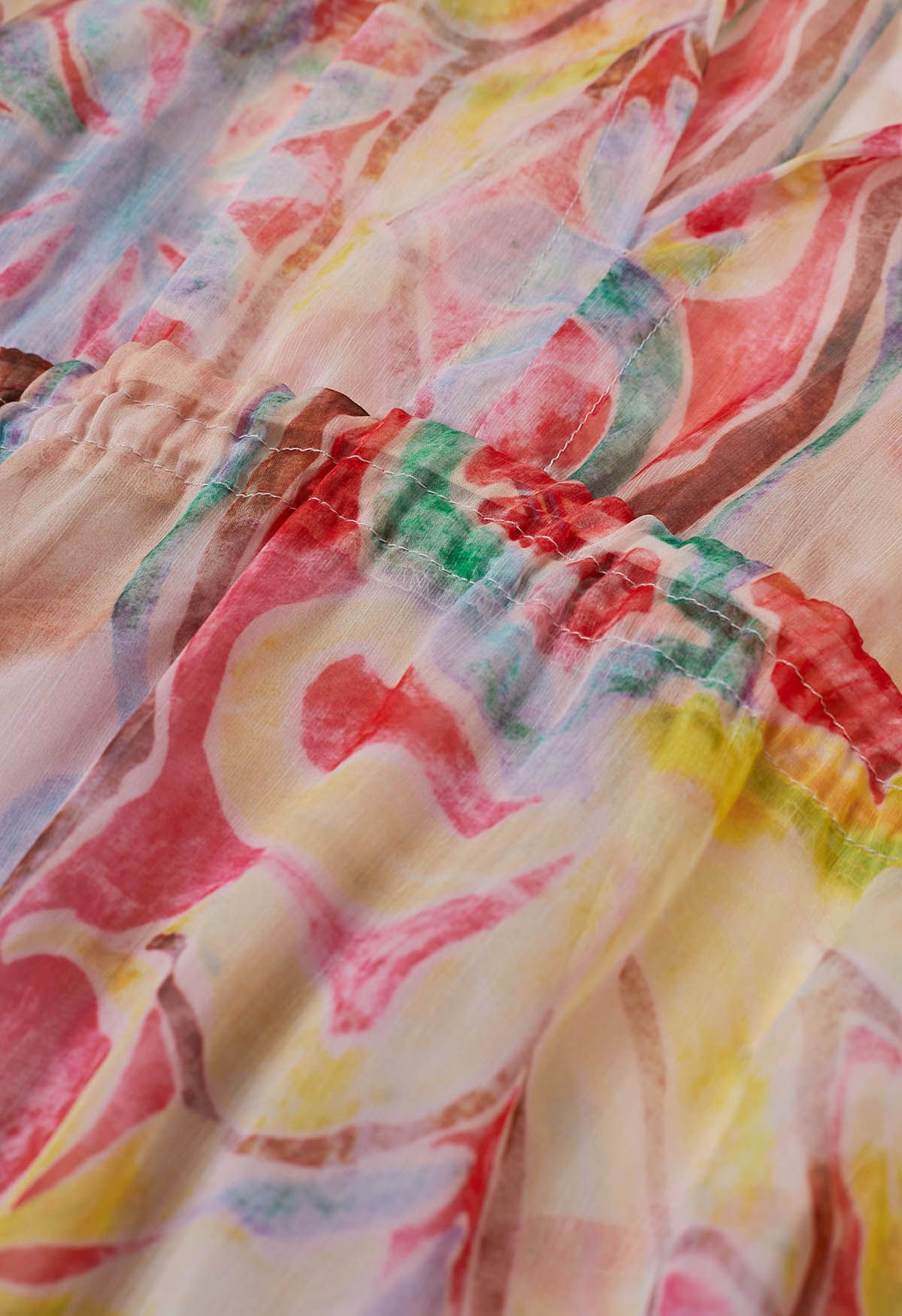 Pastel Multicolor Abstract Printed Chiffon Midi Dress with Tie Up Neckline Elasticated Waist & Full Sleeves Elegant Flowy Dress
