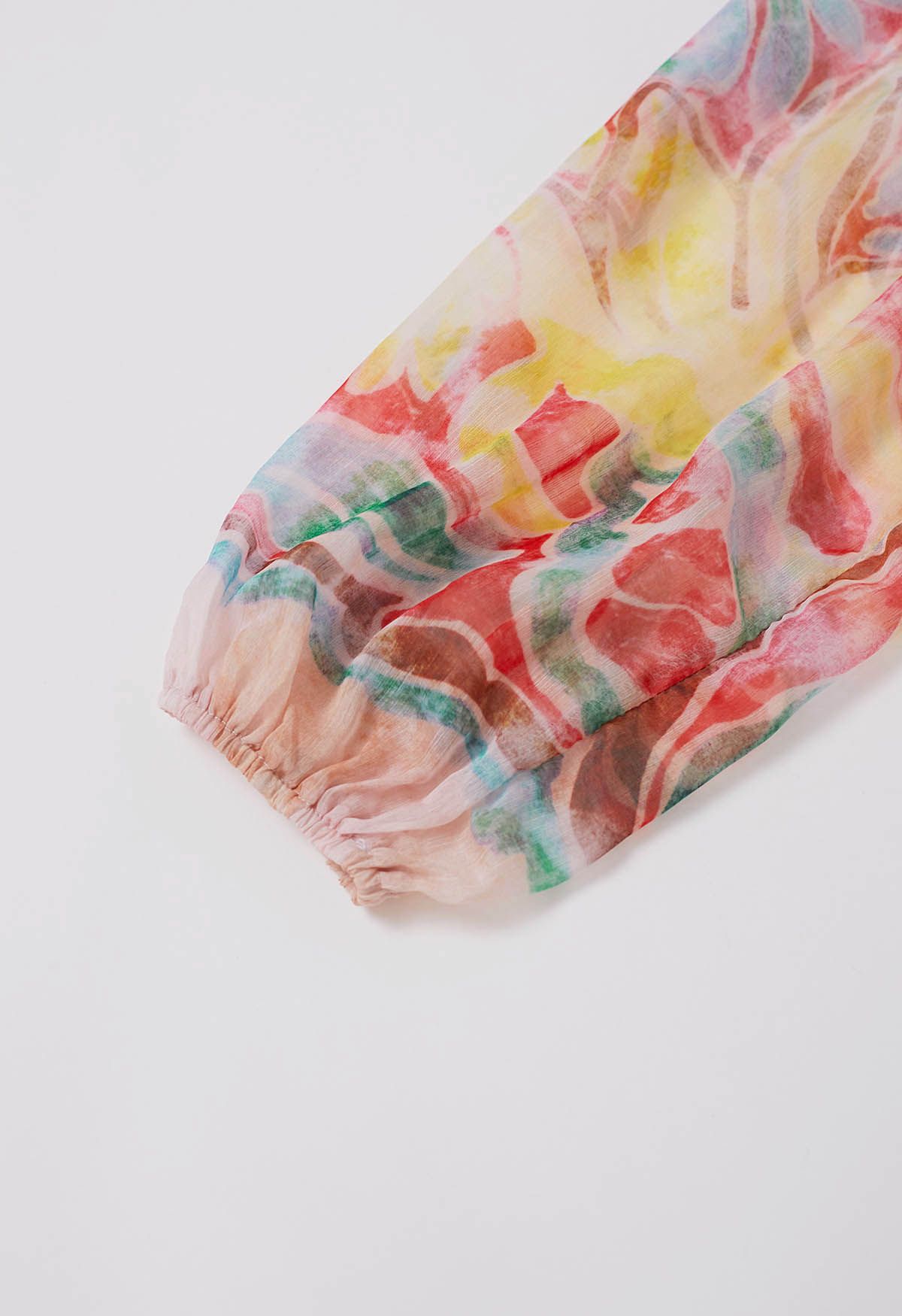 Pastel Multicolor Abstract Printed Chiffon Midi Dress with Tie Up Neckline Elasticated Waist & Full Sleeves Elegant Flowy Dress