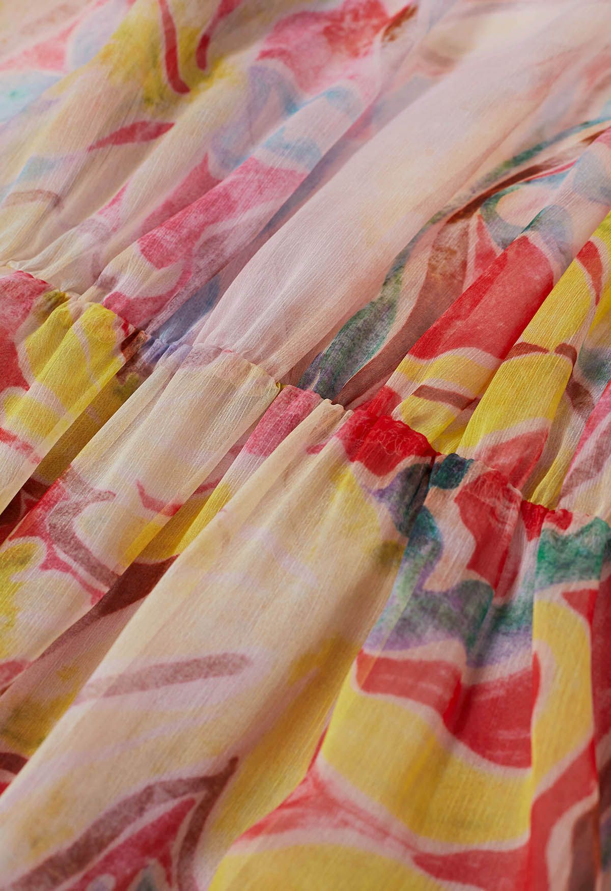 Pastel Multicolor Abstract Printed Chiffon Midi Dress with Tie Up Neckline Elasticated Waist & Full Sleeves Elegant Flowy Dress