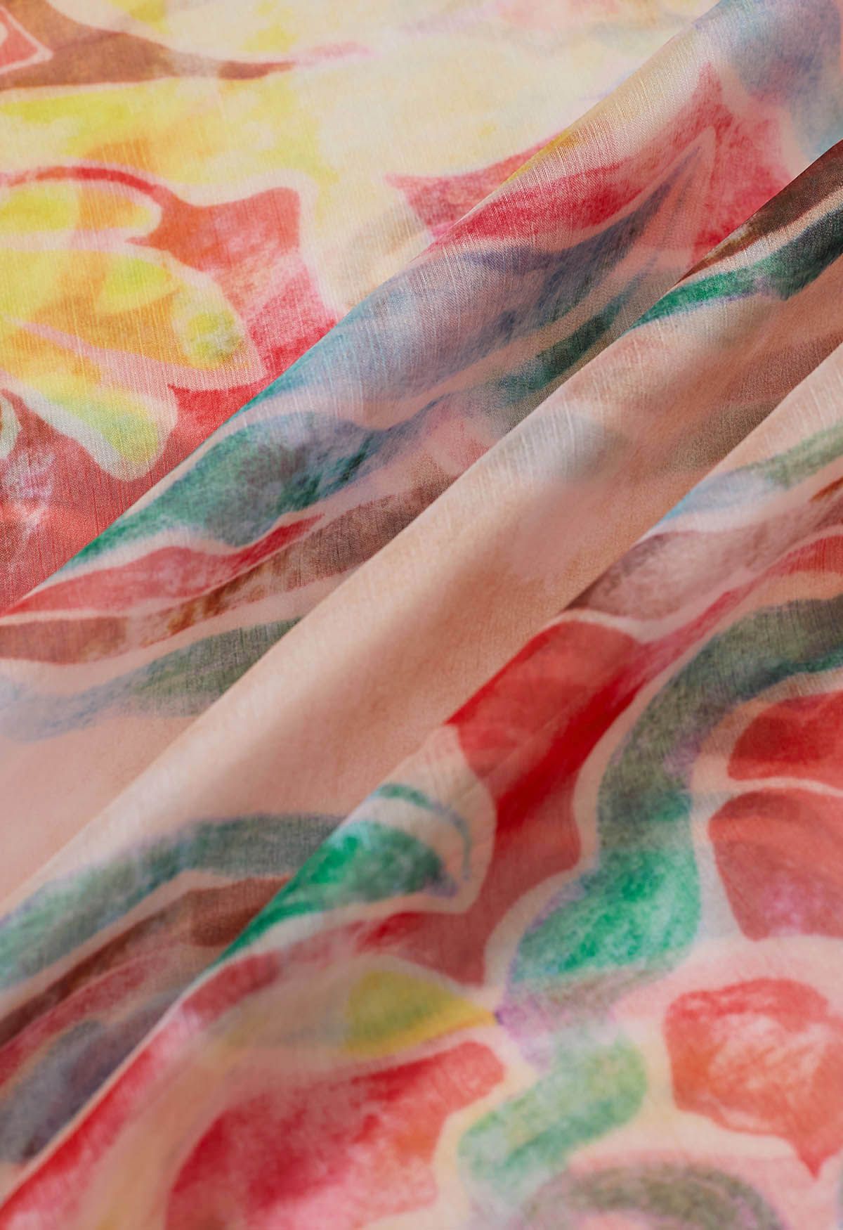 Pastel Multicolor Abstract Printed Chiffon Midi Dress with Tie Up Neckline Elasticated Waist & Full Sleeves Elegant Flowy Dress