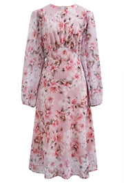 Blush Petal Pink Floral Printed Midi Dress Elegant Long Sleeve Fit & Flare Silhouette with Soft Flowing Fabric for Day & Evening Wear