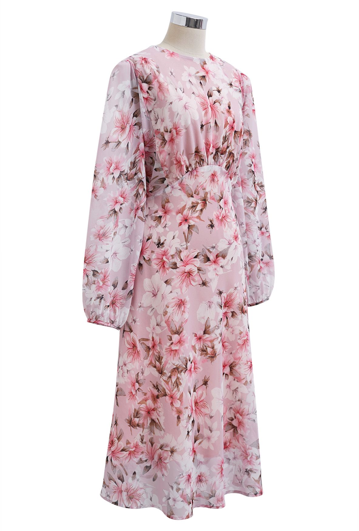 Blush Petal Pink Floral Printed Midi Dress Elegant Long Sleeve Fit & Flare Silhouette with Soft Flowing Fabric for Day & Evening Wear