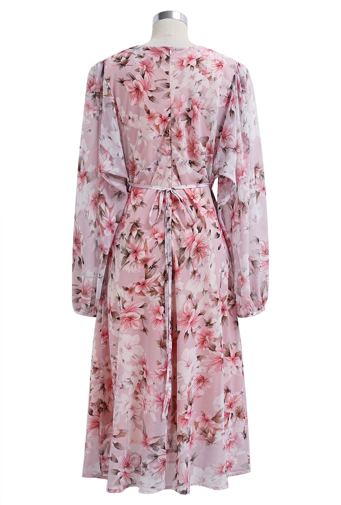 Blush Petal Pink Floral Printed Midi Dress Elegant Long Sleeve Fit & Flare Silhouette with Soft Flowing Fabric for Day & Evening Wear