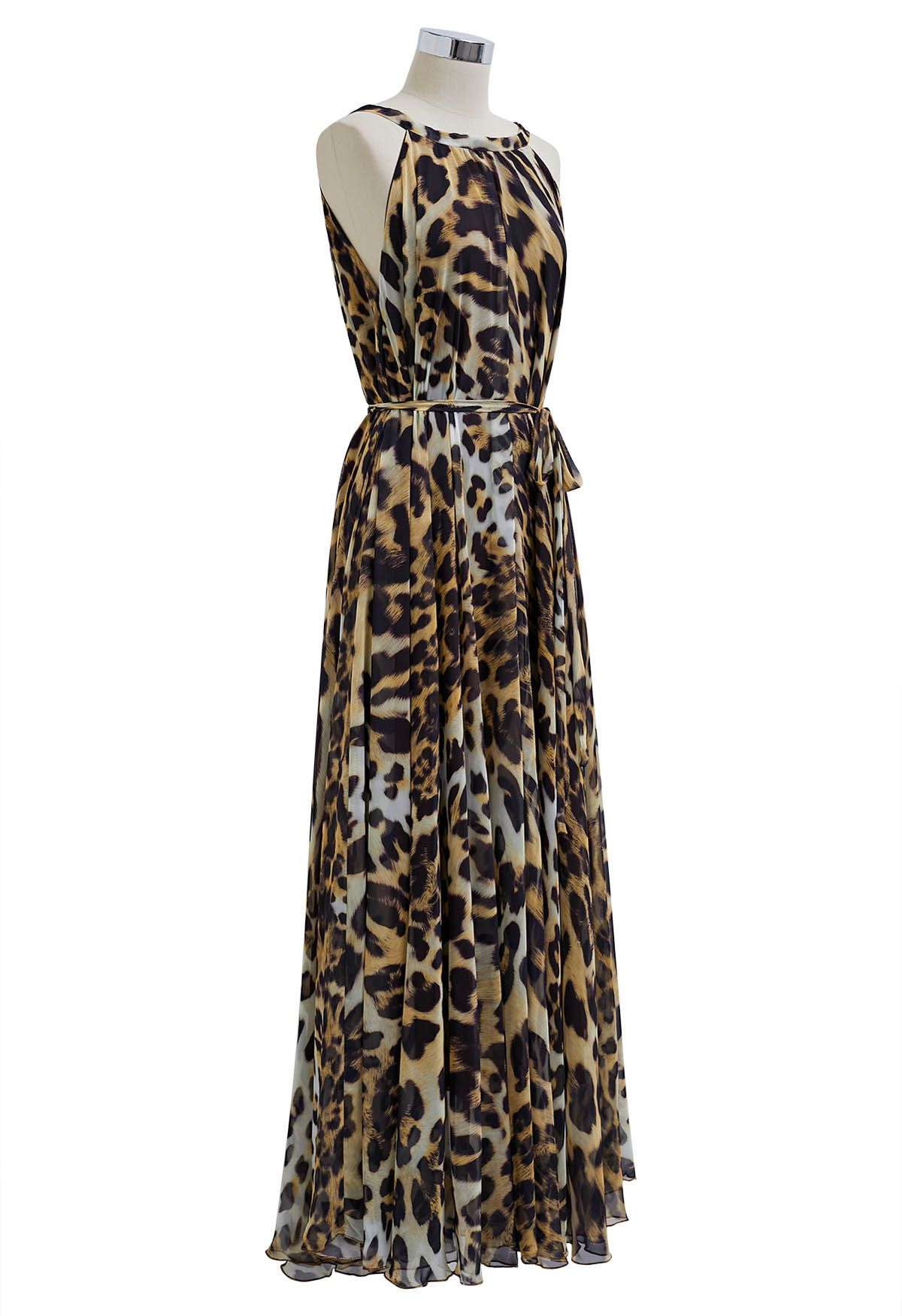 Ivory Tropical Leaf & Floral Printed Poly Chiffon Maxi Dress with Halter Neckline and Flowing