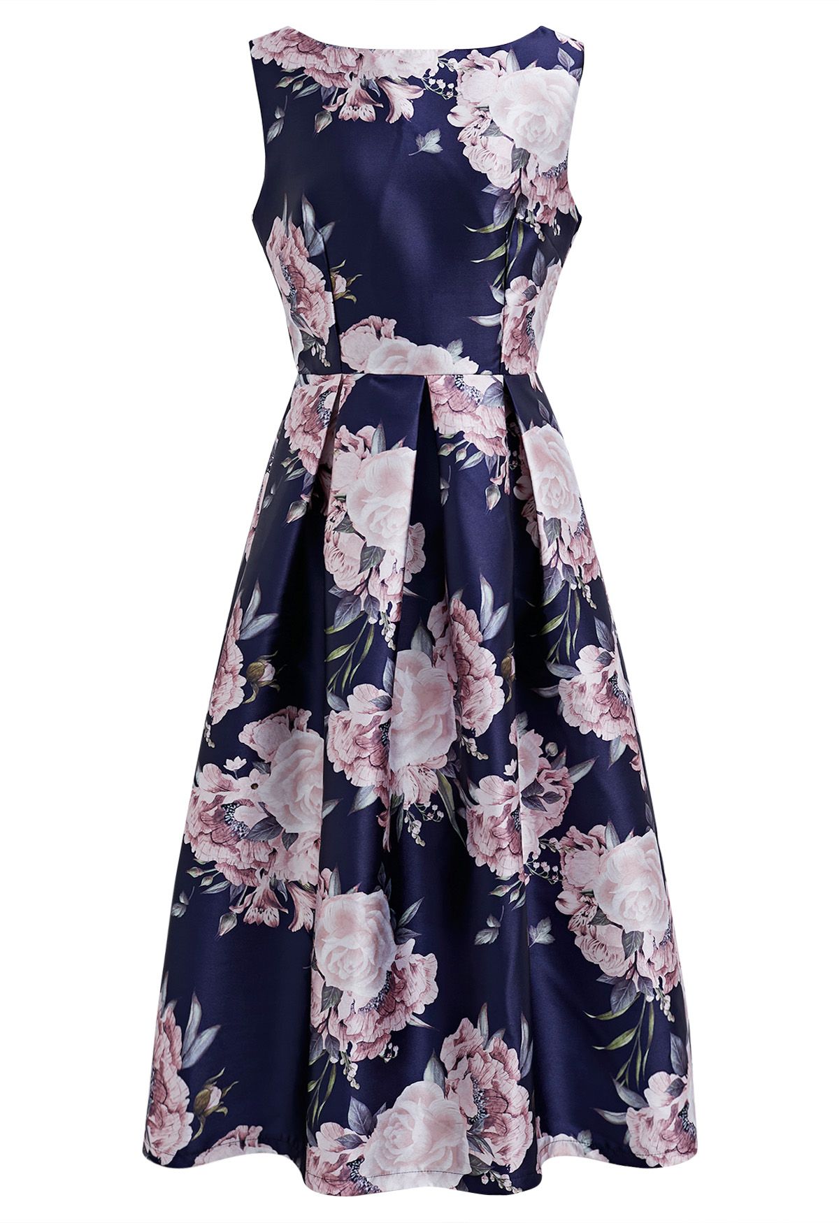Petal Noir Sleeveless Floral Pleated Dress  Navy Base Pink Blooms A Line Elegance