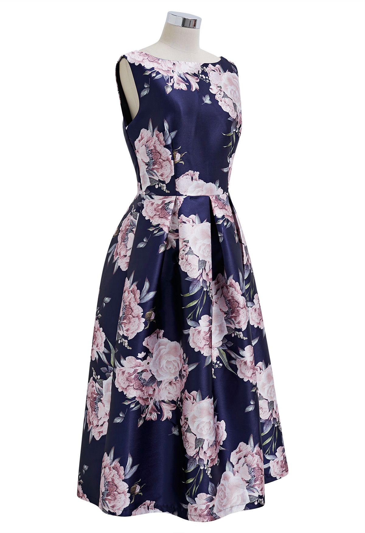 Petal Noir Sleeveless Floral Pleated Dress  Navy Base Pink Blooms A Line Elegance