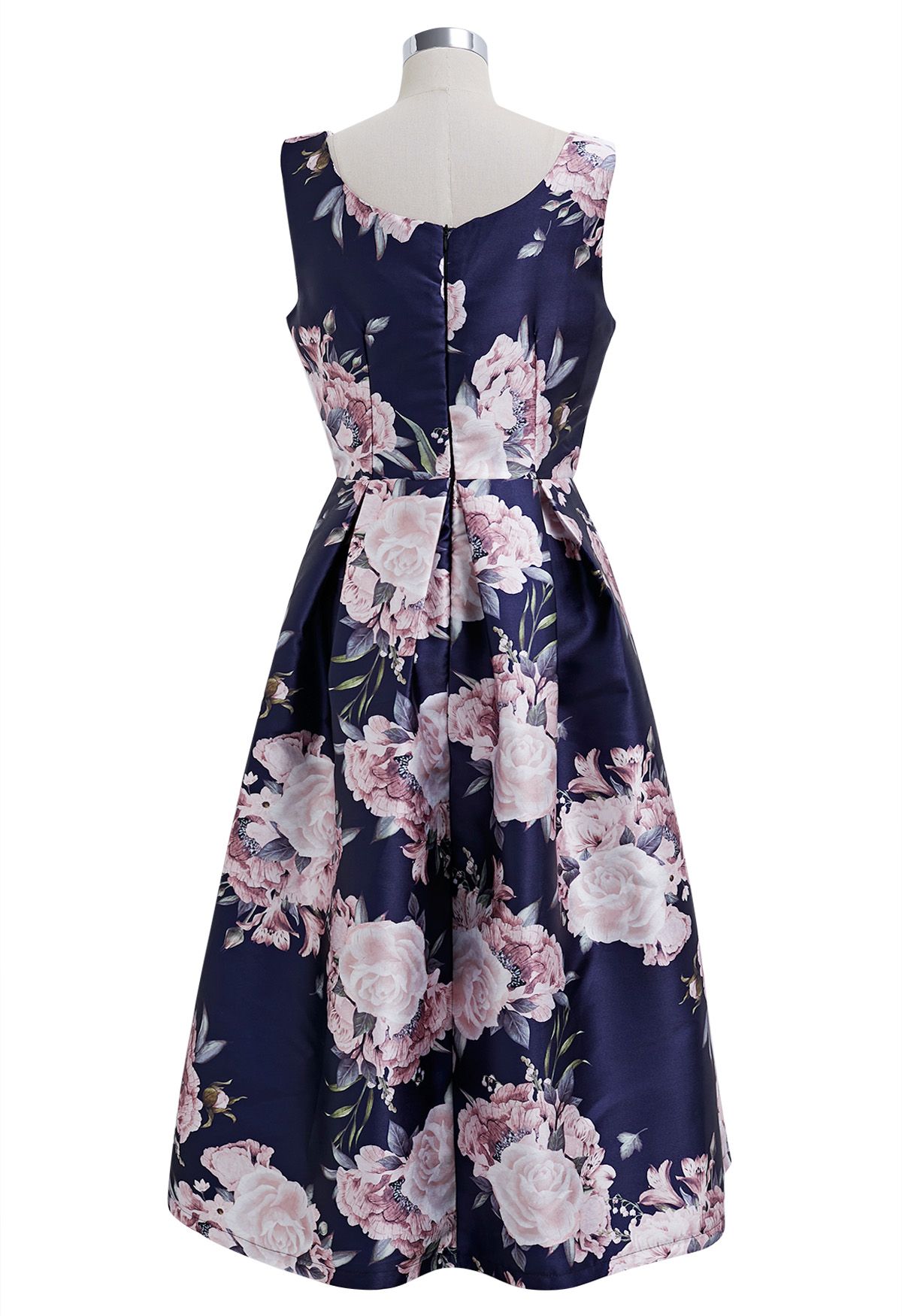 Petal Noir Sleeveless Floral Pleated Dress  Navy Base Pink Blooms A Line Elegance