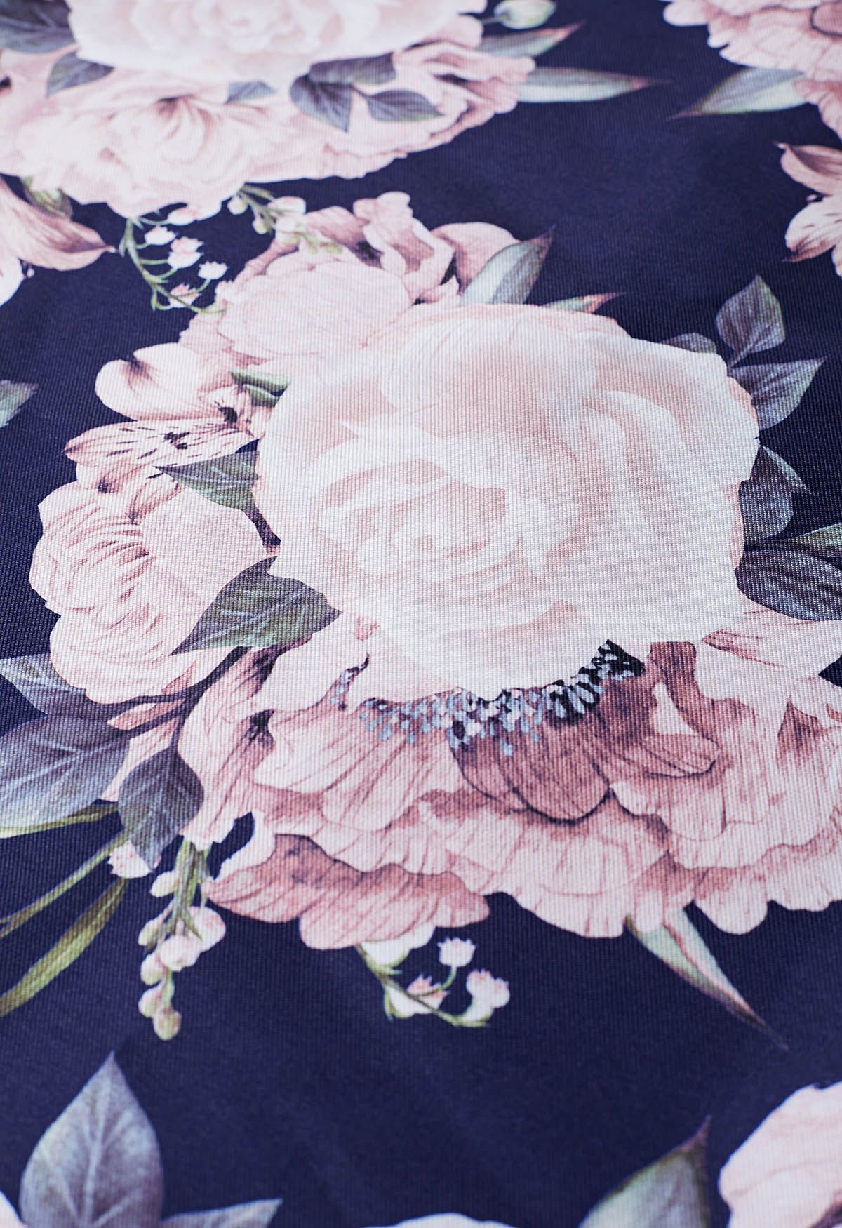 Petal Noir Sleeveless Floral Pleated Dress  Navy Base Pink Blooms A Line Elegance