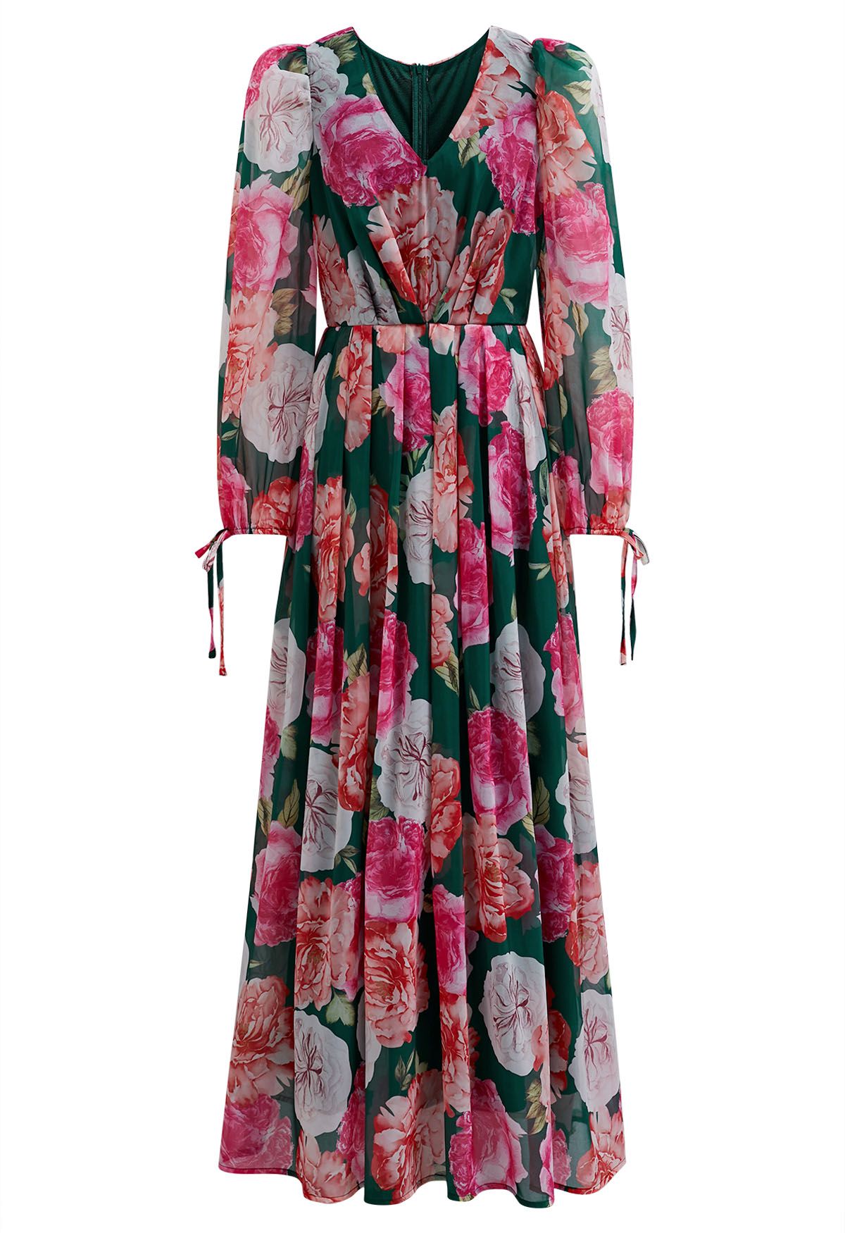 Emerald Rose Garden V-Neck Floral Printed Dress with Long Sleeves for Women