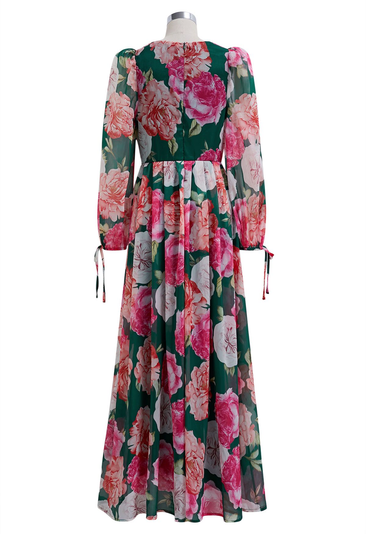 Emerald Rose Garden V-Neck Floral Printed Dress with Long Sleeves for Women