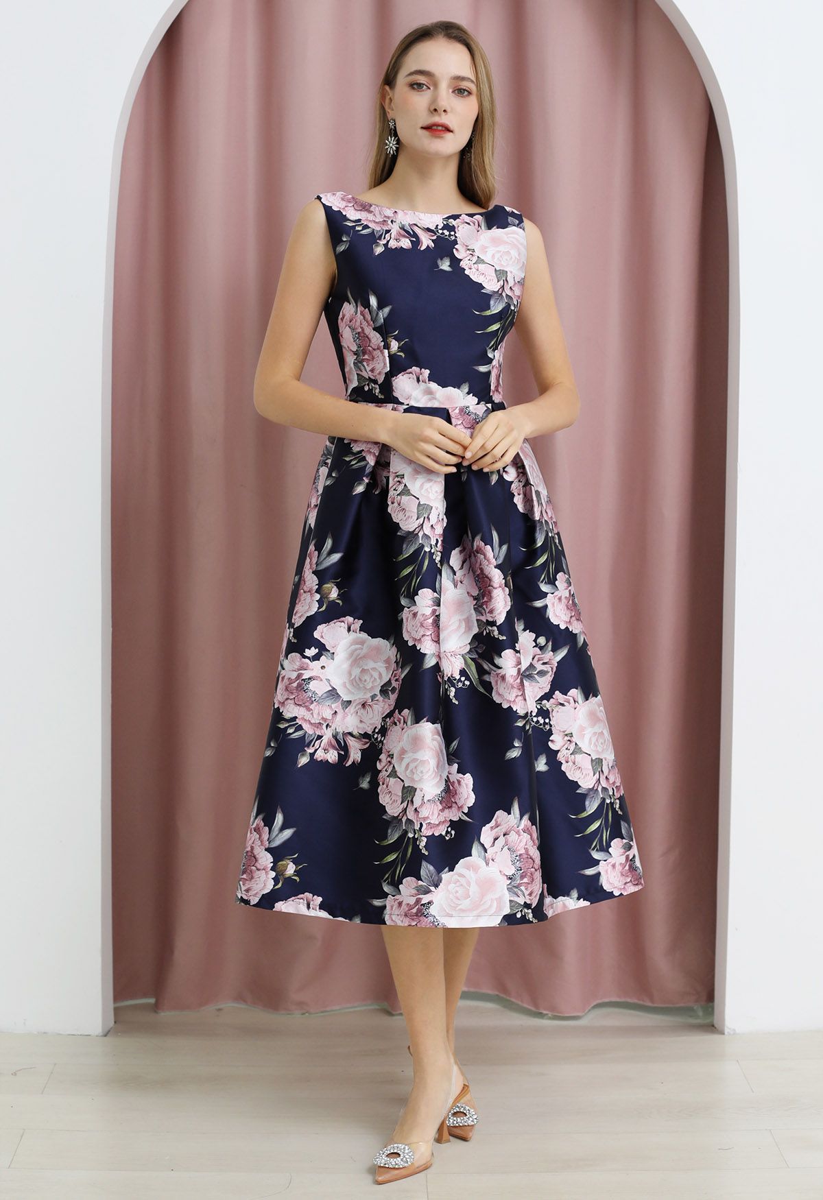 Petal Noir Sleeveless Floral Pleated Dress  Navy Base Pink Blooms A Line Elegance