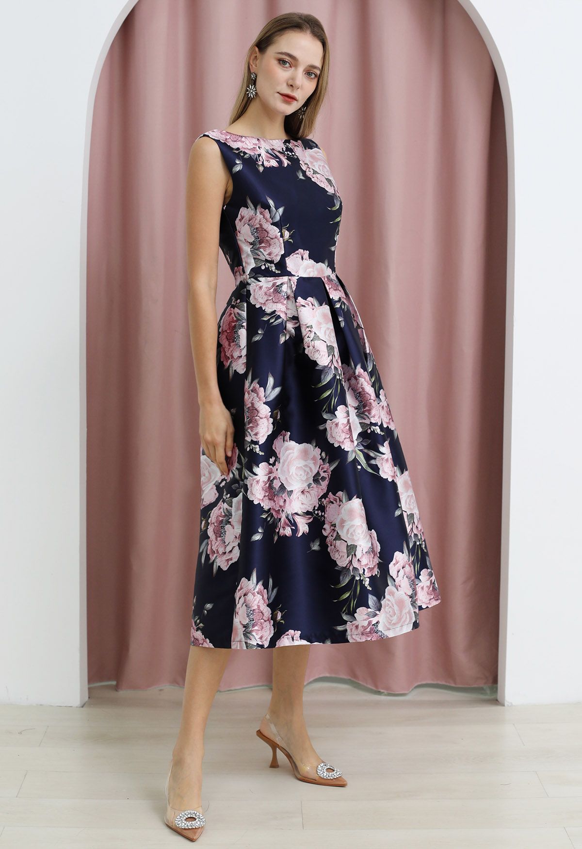 Petal Noir Sleeveless Floral Pleated Dress  Navy Base Pink Blooms A Line Elegance
