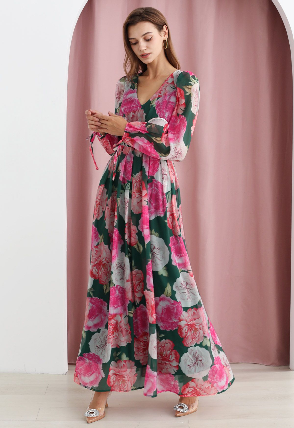 Emerald Rose Garden V-Neck Floral Printed Dress with Long Sleeves for Women