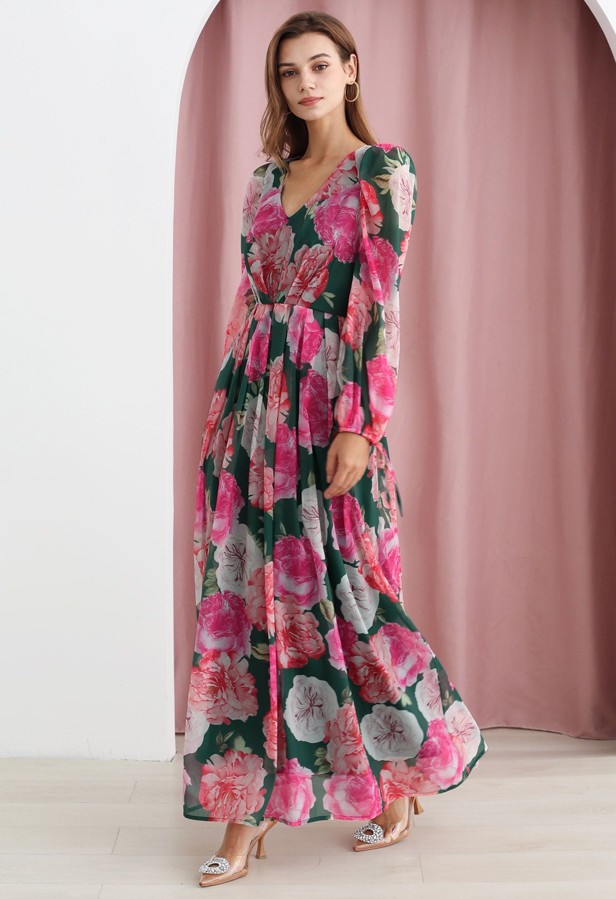 Emerald Rose Garden V-Neck Floral Printed Dress with Long Sleeves for Women