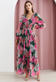 Emerald Rose Garden V-Neck Floral Printed Dress with Long Sleeves for Women