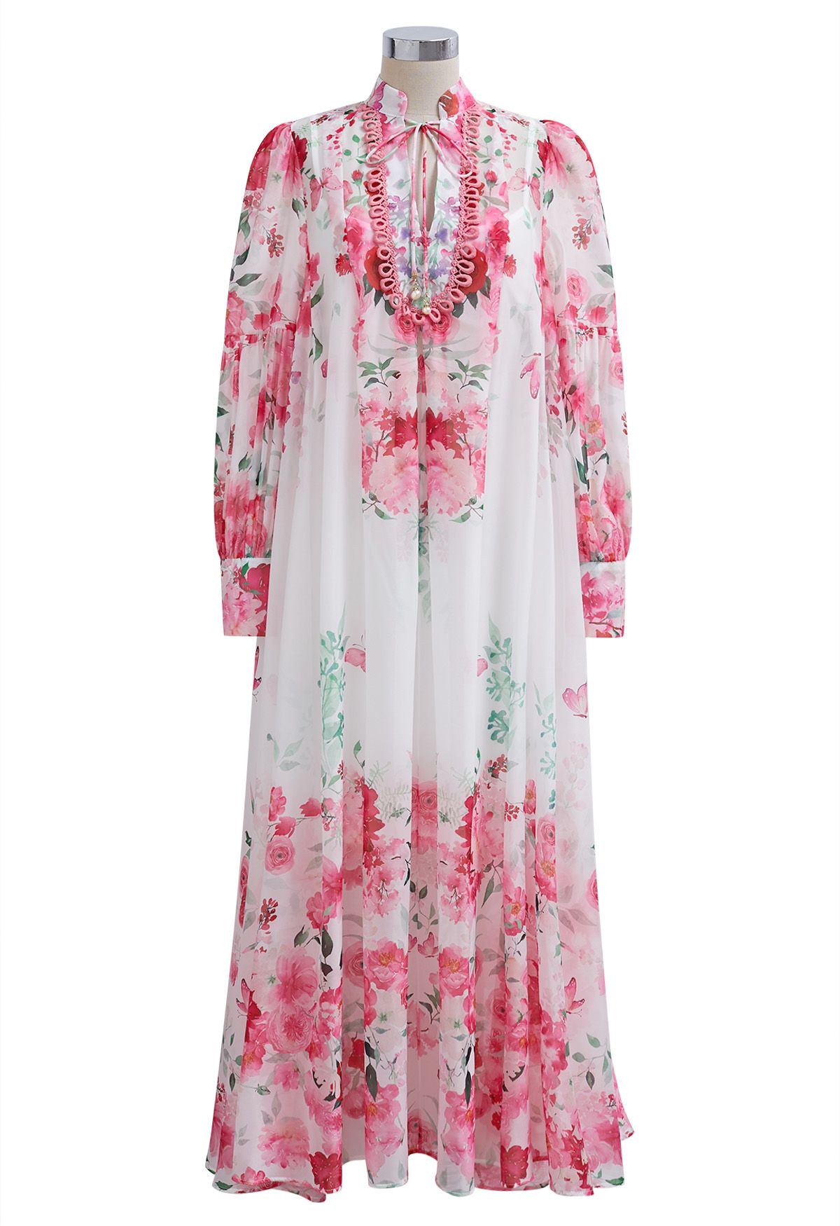 Ivory Pink Rose Garden Floral Printed Belted Maxi Dress with High Neck & Ruffle Detailing