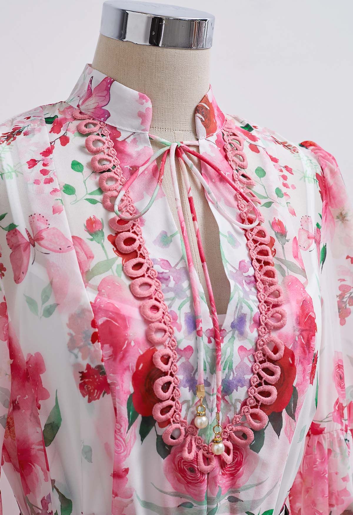 Ivory Pink Rose Garden Floral Printed Belted Maxi Dress with High Neck & Ruffle Detailing