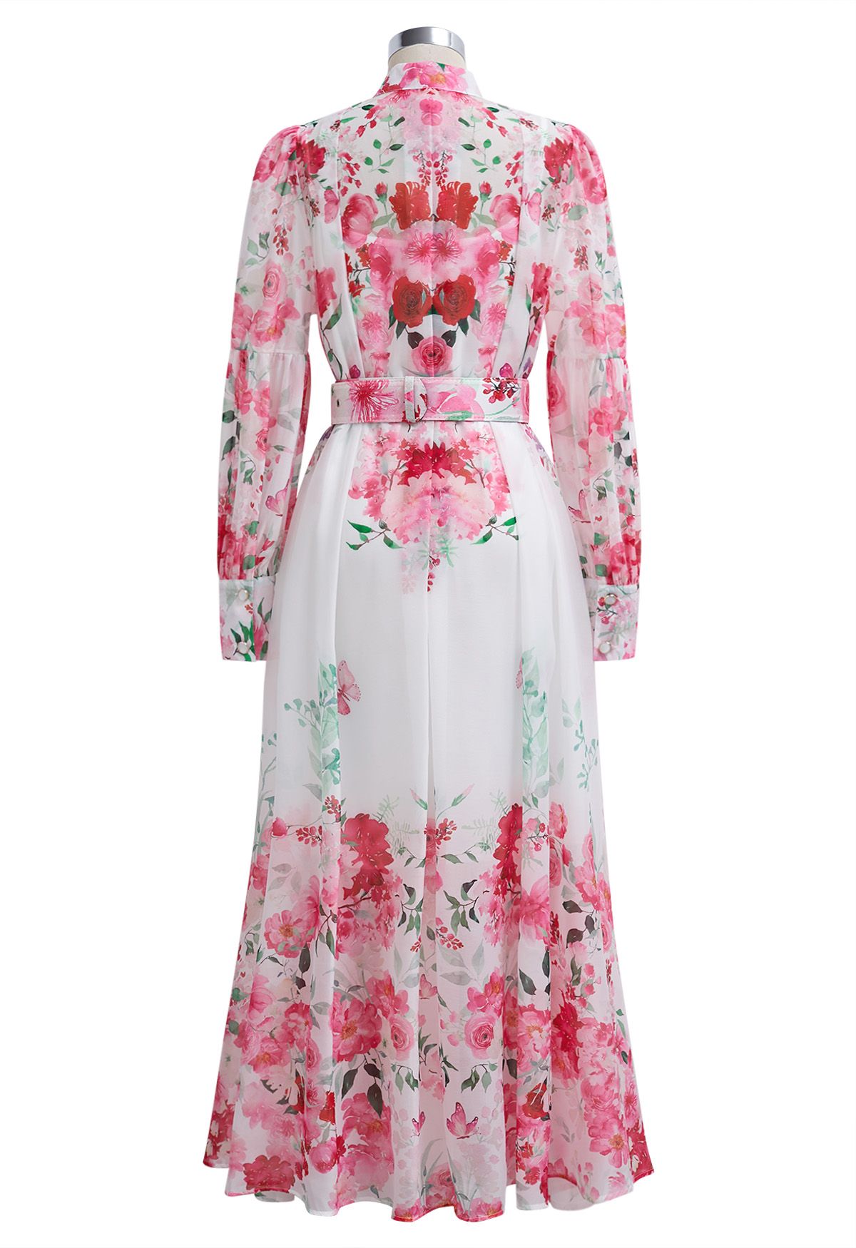 Ivory Pink Rose Garden Floral Printed Belted Maxi Dress with High Neck & Ruffle Detailing