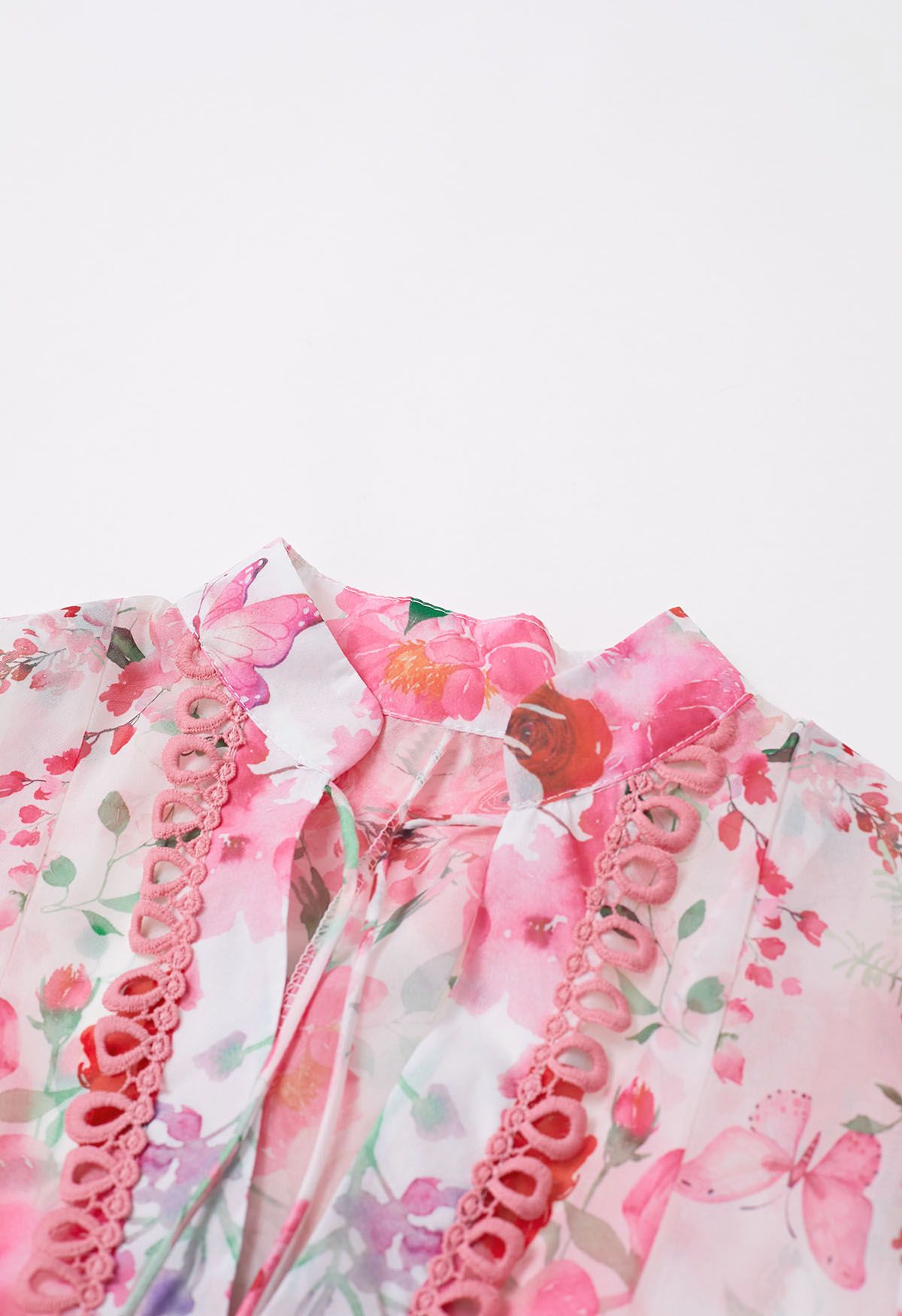 Ivory Pink Rose Garden Floral Printed Belted Maxi Dress with High Neck & Ruffle Detailing