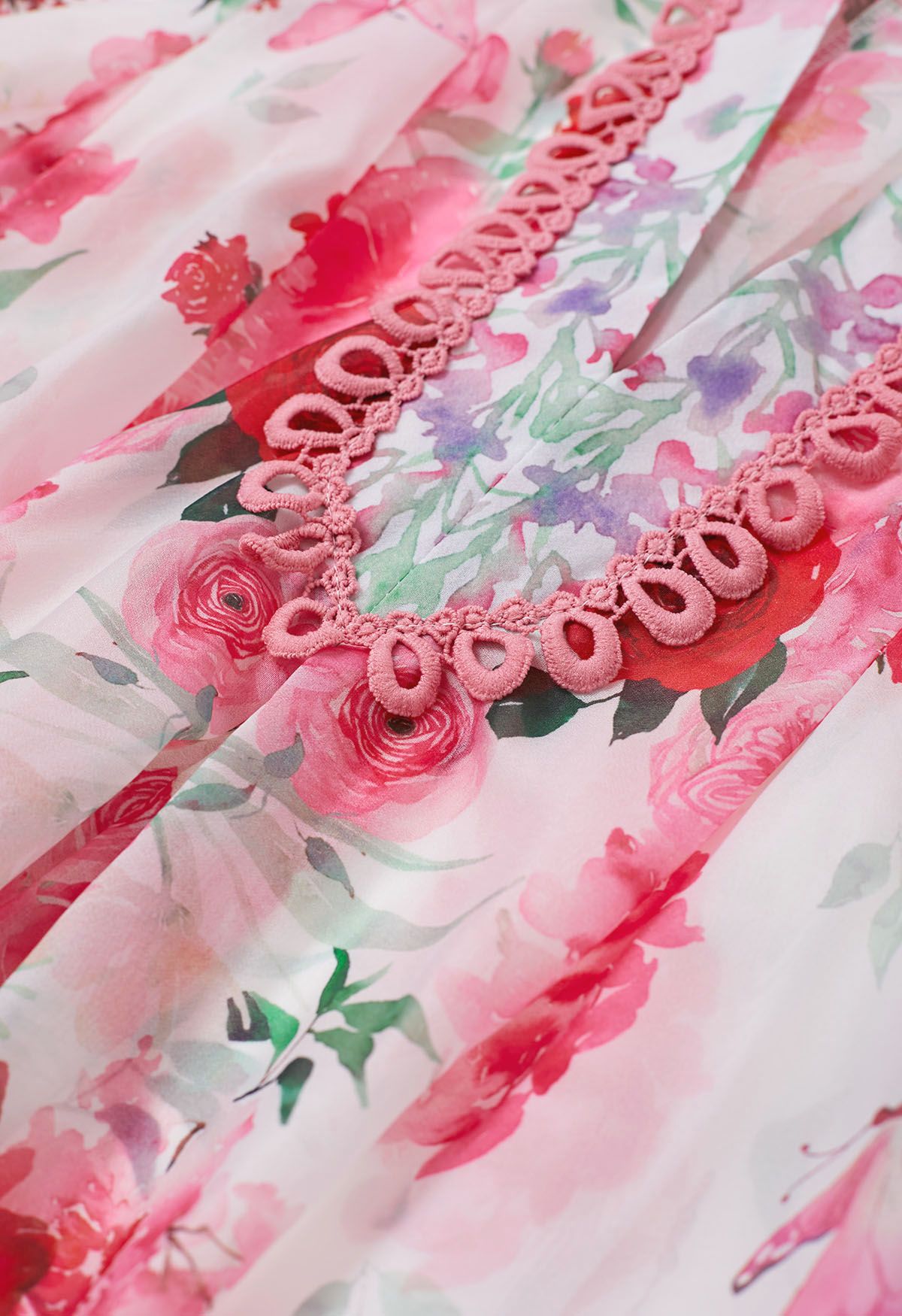 Ivory Pink Rose Garden Floral Printed Belted Maxi Dress with High Neck & Ruffle Detailing