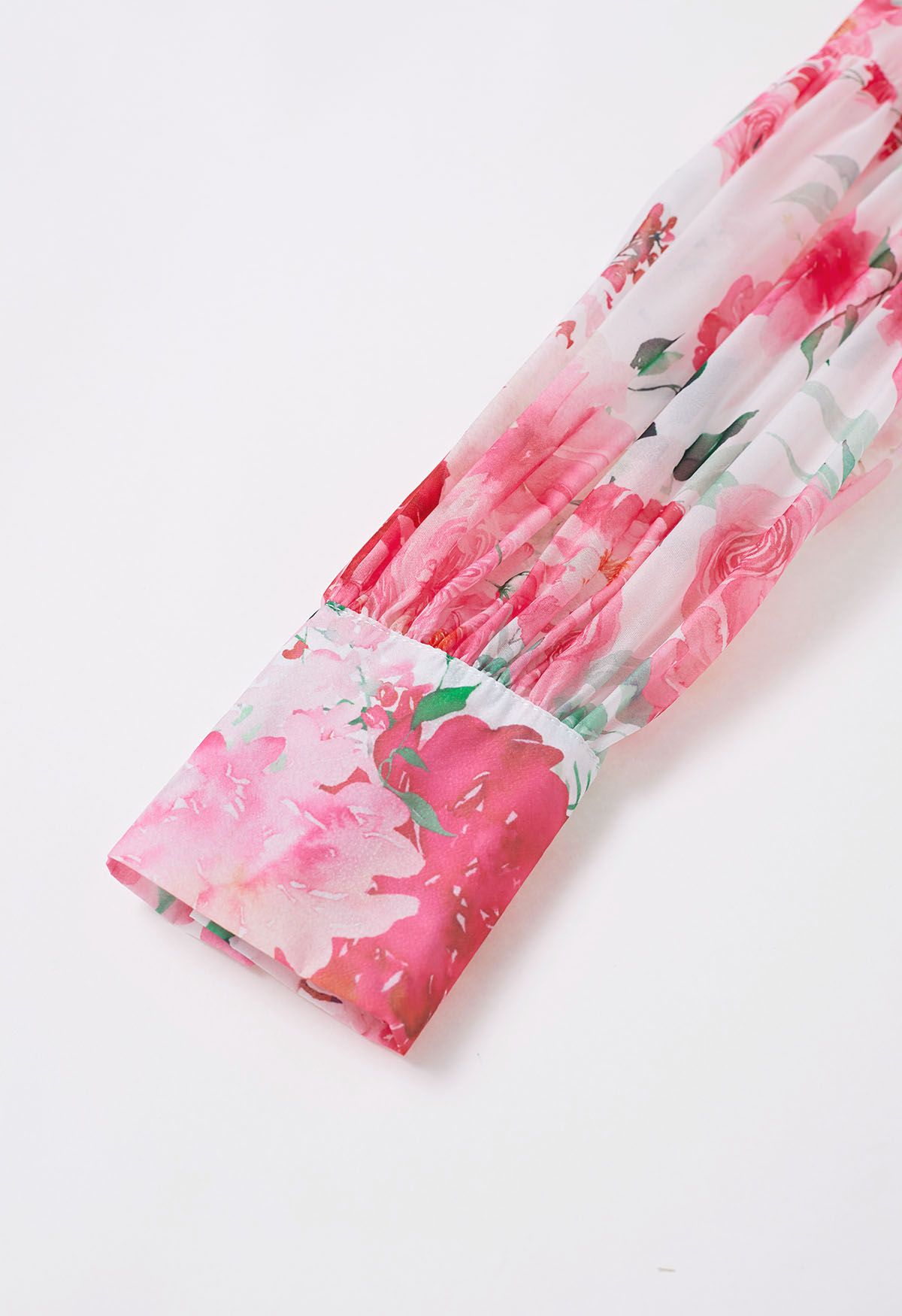 Ivory Pink Rose Garden Floral Printed Belted Maxi Dress with High Neck & Ruffle Detailing