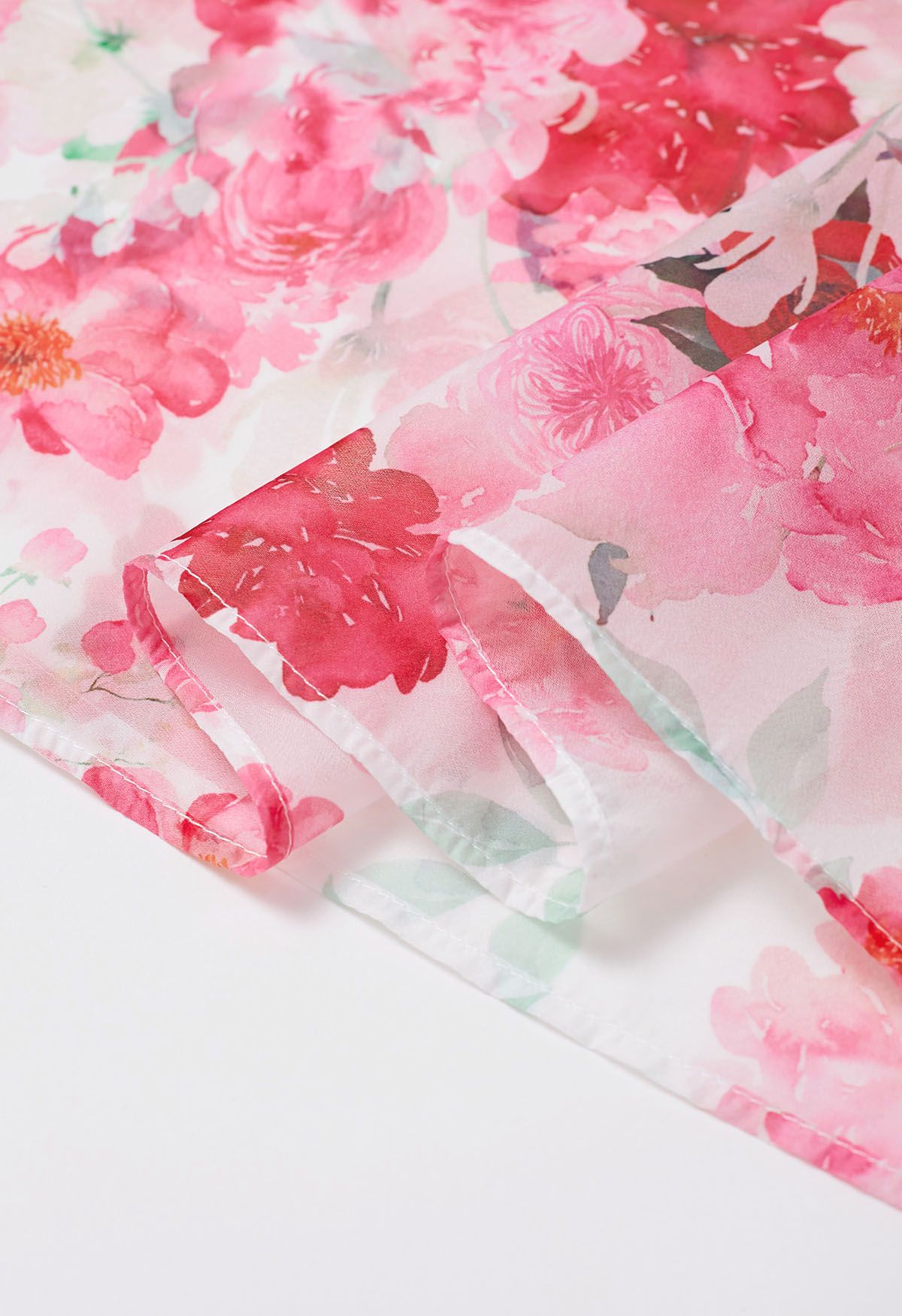 Ivory Pink Rose Garden Floral Printed Belted Maxi Dress with High Neck & Ruffle Detailing