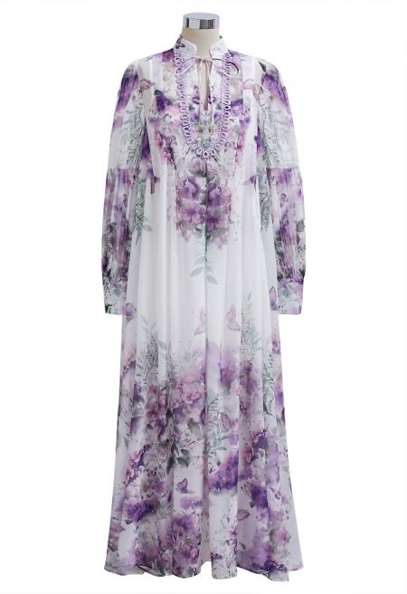 Ivory Pink Rose Garden Floral Printed Belted Maxi Dress with High Neck & Ruffle Detailing