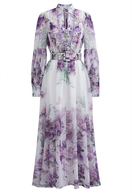 Ivory Pink Rose Garden Floral Printed Belted Maxi Dress with High Neck & Ruffle Detailing